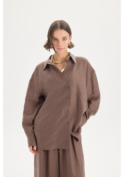 Mai Collection Mai Studios Co. Yovena Düğme Detay Kahve Oversize Gömlek Kahve