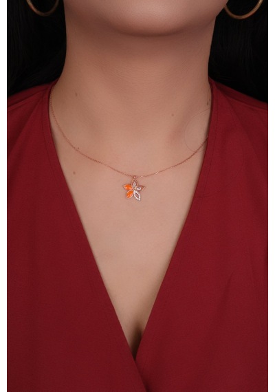 Encili Silver 925 Ayar Gümüş Turuncu Mineli Lotus Çiçeği Model Rose Renk Kadın Kolye Rose