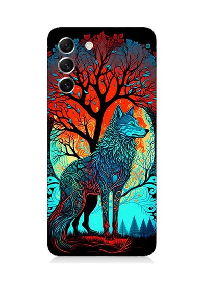 Samsung Galaxy S21 Fe Uyumlu Silikon Kılıf Tribal Vitray Kurt Ve Ağaç