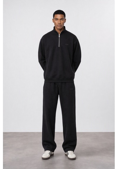 Erkek Respire Basic Half Zip Oversize Sweatshirt Siyah