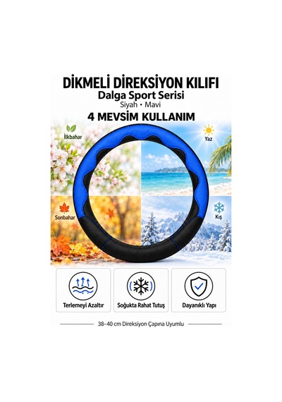 Trobus Toyota Corolla 1993-1998 Uyumlu Dikmeli Direksiyon Kılıfı Dalga Sport Deri Siyah Mavi Siyah - Mavi