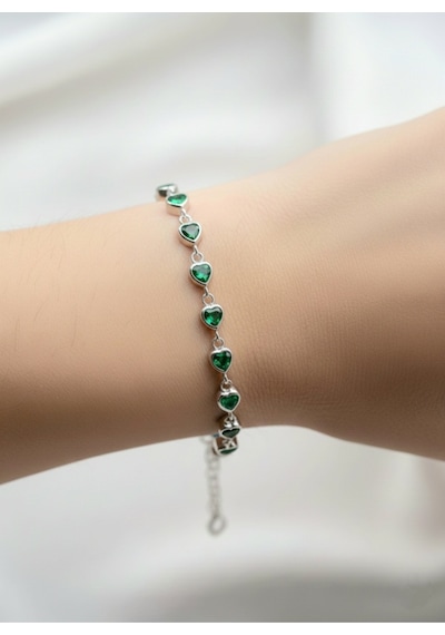 Çekirdekjewelry 925 Ayar Gümüş Kalplı Taşlı Bileklik Gri Yeşil