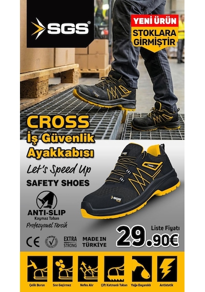 Sgs No:45 Cross S1 Çelik Burunlu Spor İş Ayakkabısı - Ergonomik - Antistatik - Su Geçirmez - Nefes Alır Siyah