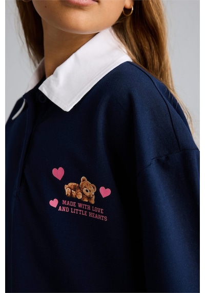 Defacto Regular Fıt Polo Yaka Slogan Baskılı Sweatshirt Kumaşı Uzun Kollu Polo Tişört Kız Çocuk I1642a826aunv244 Lacivert-nv244