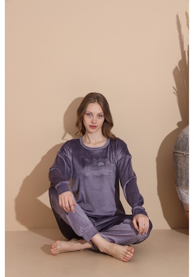 Lukitus Kadife Uzun Kol Kadın Pijama Takımı Gri