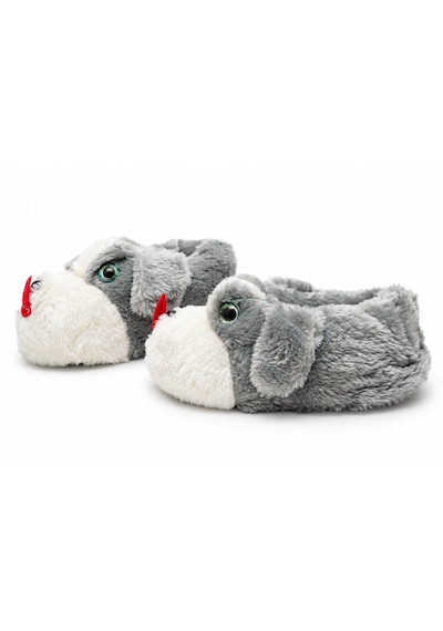 Modafocus Sevimli Köpek Figürlü Sessiz Kaydırmaz Taban Peluş Unisex Ev Pandufu Sevgili Kombin Terliği Gri