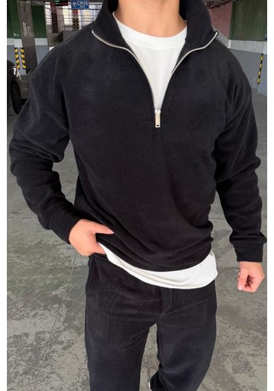 Mass Plus Unisex Slimfit Yarım Fermuarlı Dik Yaka Polar Sweatshirt Siyah