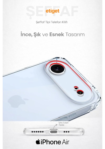 Apple Uyumlu iPhone Air Şeffaf Silikon Kılıf Şarj Yeri Tıpalı, Kenarları Kaymaz Şeffaf