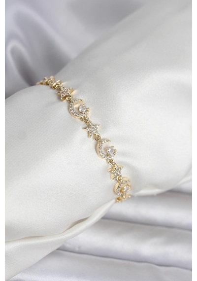 Pirinç Gold Renk Zirkon Taşlı Ay Ve Yıldız Model Kadın Bileklik Altın