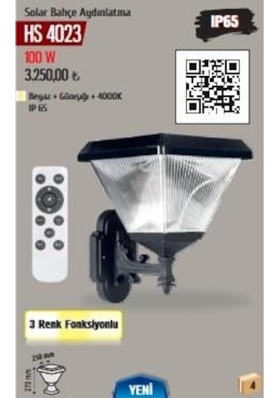 Helıos 100w 3renk Beyaz+4000k+günışığı Led Solar Aplik Hs-4023