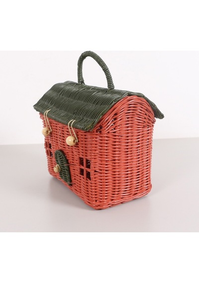 Mylamp Renkli Ev 23x20x13 Cm. Rattan Ev Dekoratif Çanta- Sepet Yeşilkırmızı