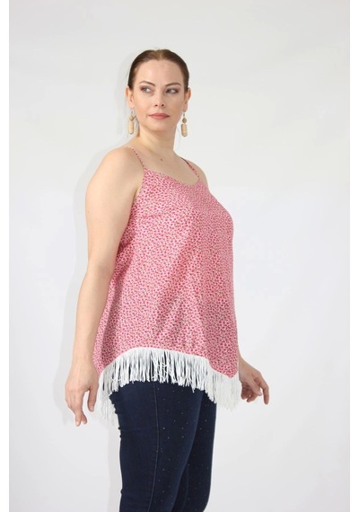 Moda Berray 3280 Etnik Desenli Eteği Saçaklı İnce Askılı Yazlık Bluz Pembe
