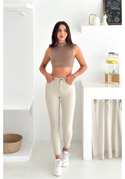 HLT Jeans Kadın Taş Renk Süper Skinny Fit Koyu İplik Detaylı Esnek Likralı Yüksek Bel Jean Kot Pan Jennie-2008 Krem