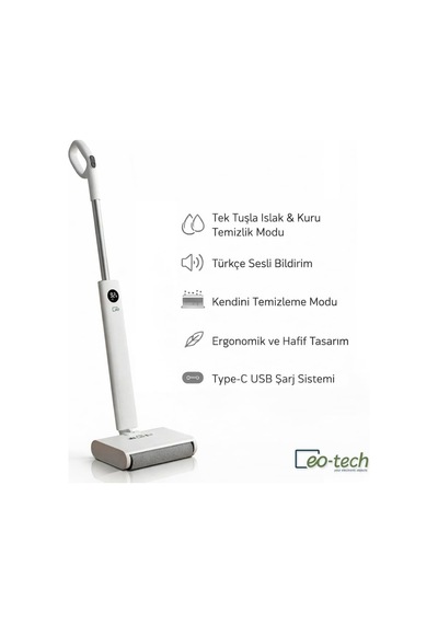 Eo-tech Dw200 Kablosuz Şarjlı Mop Kuru/ıslak Mod Kolay Temizlik Kendini Temizleme Türkç Beyaz