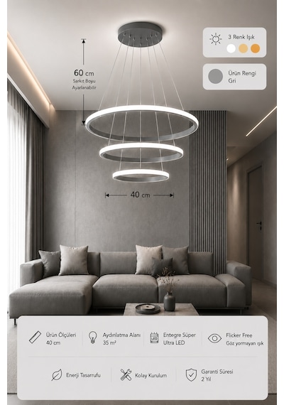 Rizon 3 Lü Led Sarkıt Avize 3 Renk Kumandalı Gri