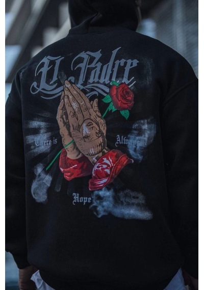 Yake Store Üç İplik Penye Kapşonlu Baskılı Sweatshirt - Siyah - Siyah