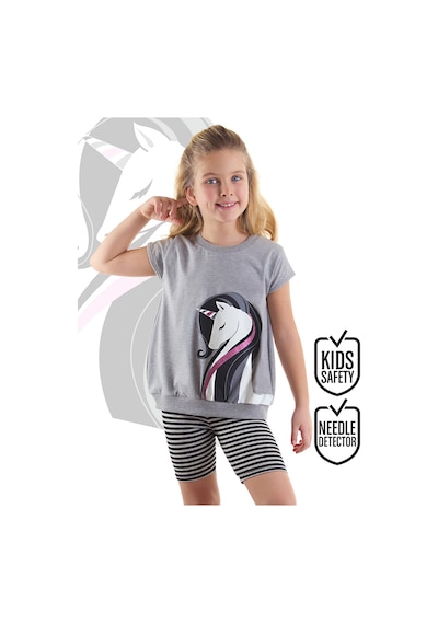 Çizgili Unicorn Kız Çocuk Gri Siyah Yazlık T-shirt Tayt Takım