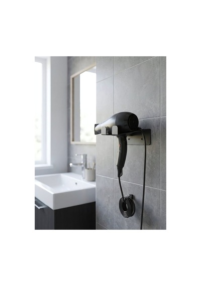 Modern Paslanmaz Saç Kurutma Makinesi Askı Aparatı - Lazer Kesim Kablo Askılı Banyo Organizeri Siyah