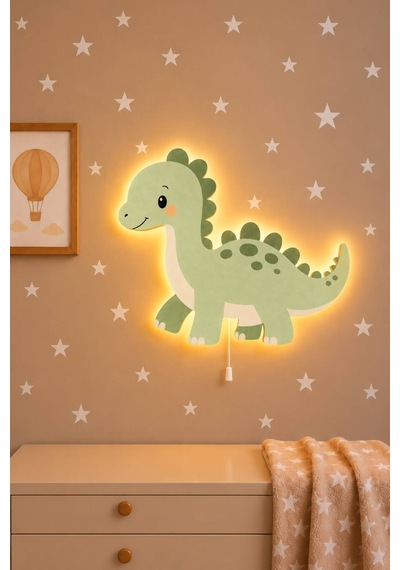 Ahşap Dinozor Gece Lambası Yıldız Hediyeli Pilli Ledli Lamba Bebek Çocuk Odası-dino1 Yeşil