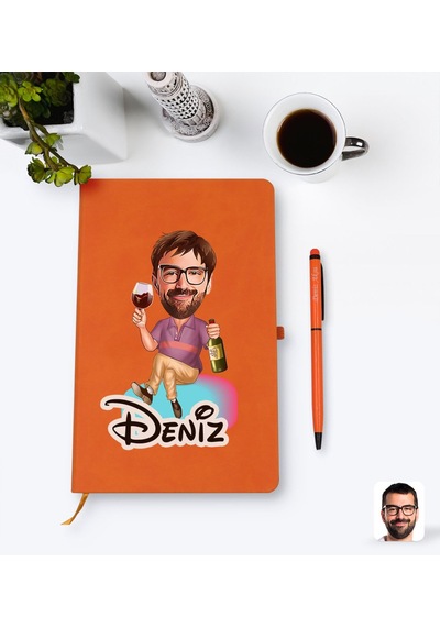 Kişiye Özel Erkek Karikatürlü Turuncu Termo Deri Defter Kalem Set N11.1460
