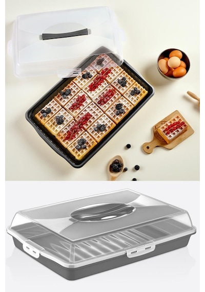 Flosoft Dikdörtgen Kek Pasta Börek Saklama Kabı, Kilitli Borcam Taşıma Kabı Büyük Boy 45 CM Siyah