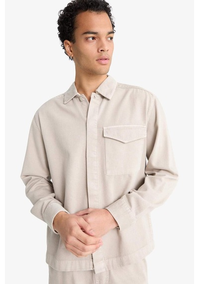 Defacto Boxy Fit Polo Yaka Twill Uzun Kollu Gömlek F7124ax25augr302 Gri