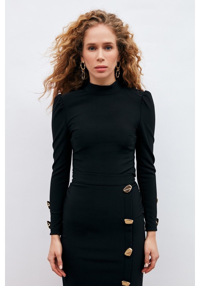 Sateen  Düğme Detaylı Crop Bluz - Siyah-132901 Siyah