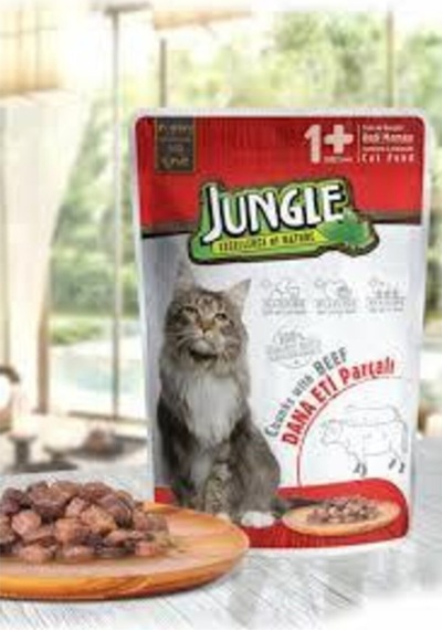 10'lu Jungle Kedi Poşet Yaş Mama 100gr Pate Beef Ezme Dana Etli