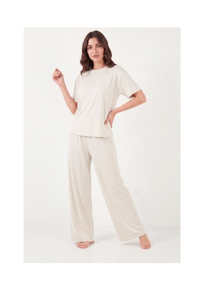 Lela Yumuşak Dokulu Bisiklet Yaka Lastikli Bel Kısa Kollu Pijama Takımı Bayan Pijama Takımı 65720102 Ekru