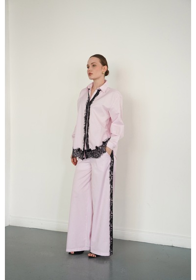 Verymoda Dantel Detaylı Çizgili Pantolon F2083 Pembe