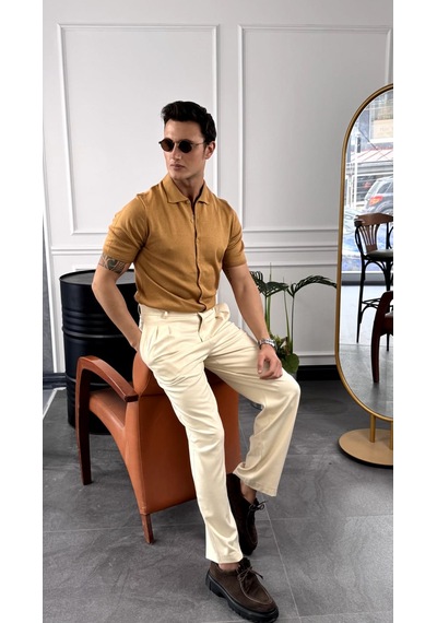 Modefendi Slim Fit Polo Yaka Triko Pamuk Kısa Kollu Gömlek Taba