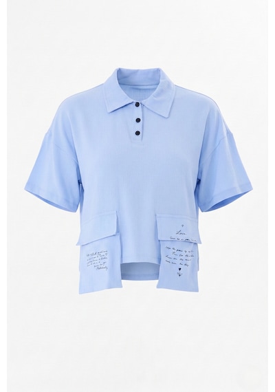 Sortie Collection Polo Yaka Yazı Baskılı Cep Detaylı Crop Bluz Mavi