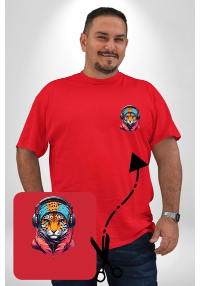 Angemiel Kulaklık Kedi Leopar Bandana Kırmızı Büyük Beden Kadın Basic Minimal Baskılı Tişört Kırmızı