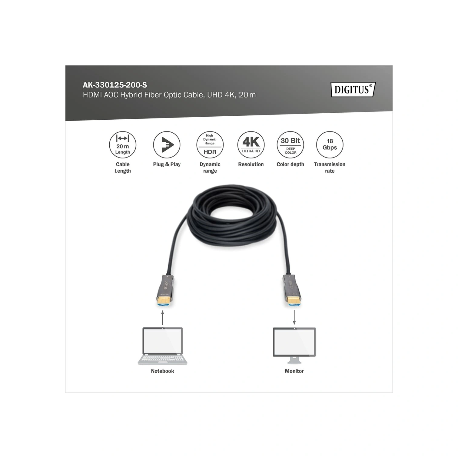 Digitus 20 Metre 4k Fiber Hdmı Kablo Sıkıştırmasız Görüntü Aktarımı Aoc