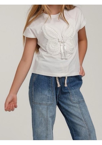 Escabel Kız Çocuk Pamuklu Kelebek İşlemeli Püsküllü T-shirt-15666 Beyaz