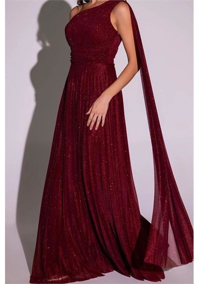 Neşeli Butik Kadın Bordo Tek Omuz Pilise Detaylı Simli Tül Kumaş Abiye Elbise Nbswll16