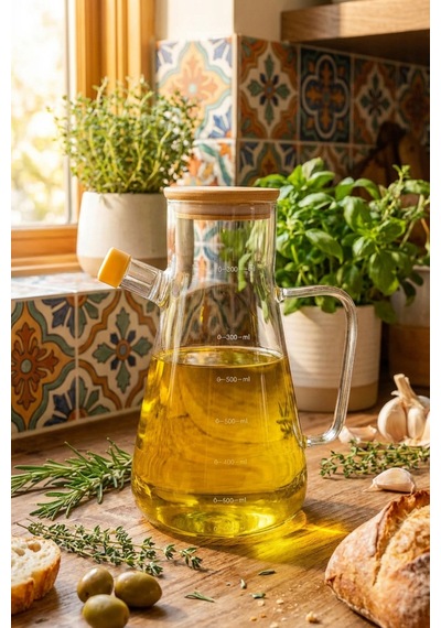 Makri Home Cam Yağdanlık Bambu Kapaklı, Ölçekli, Silikon Tıpalı Şeffaf