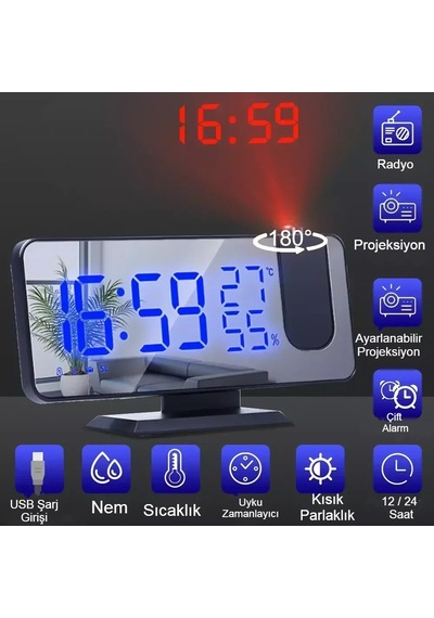 Çok Fonksiyonlu Ayna Saat Fm Radyo Alarm Projeksiyon Sıcaklık ...