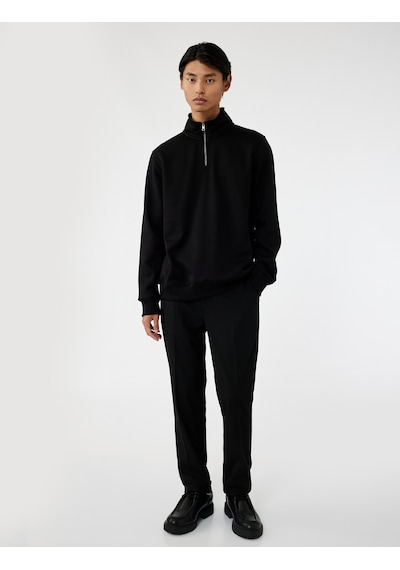 Koton Uzun Kollu Şardonlu Basic Yarım Fermuarlı Sweatshirt Siyah 6wam70016mk Siyah
