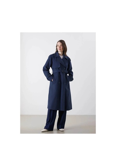 Lc Waikiki Lcw Modest Lacivert Kruvaze Yaka Oversize Kadın Trençkot Navy