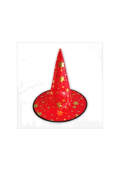 Yıldız Desenli Hallloween Cadı Şapkası, 38cm - Kırmızı