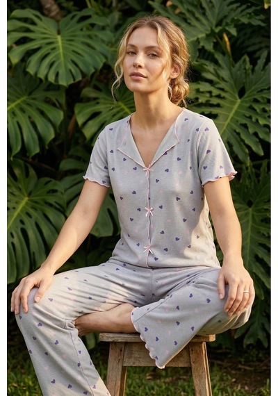Siyah İnci Fitilli Kaşkorse Örme Pijama Takım 26120553 Gri