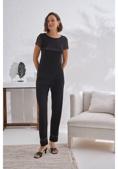 Sevim 13572 Taş Baskılı Pijama Takımı Siyah