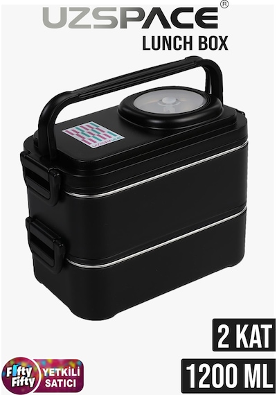 Uzspace 1200 Ml İki Kat Dört Bölme Paslanmaz Çelik Lunch Box Yeni Nesil Sefer Tası-sos Kaseli Model-fflbox8023 Siyah