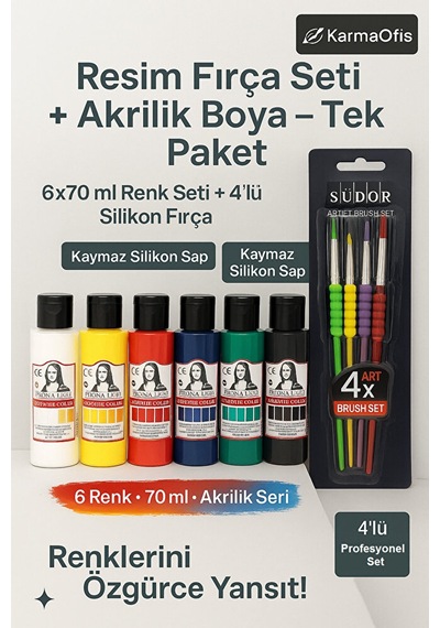 Silikon Saplı 4 Lü Fırça Seti + Akrilik Boya Seti 6 70 Ml Resim