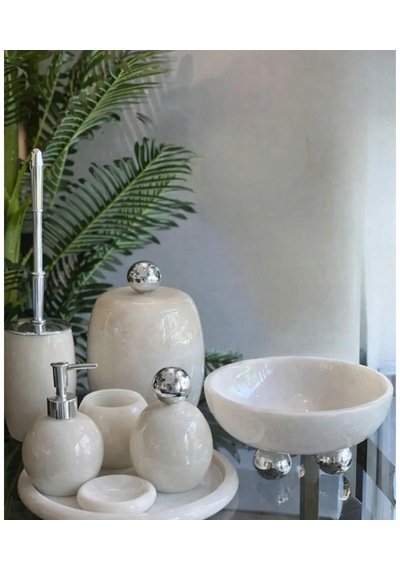 Dekoratif Doğal Beyaz Oval Mermer 8 Parça Gümüş Disko Banyo Seti