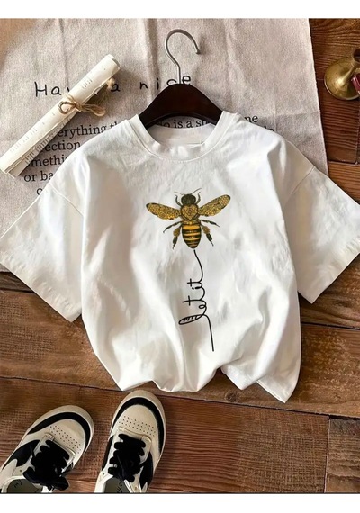 Medinenur Arı Baskılı Basic T-shirt Beyaz