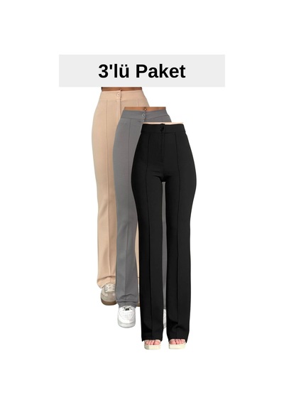 Thiff Gymwear Krep Kumaş Likralı Kadın Palazzo Pantolon 3'lü Set Bej-gri-siyah