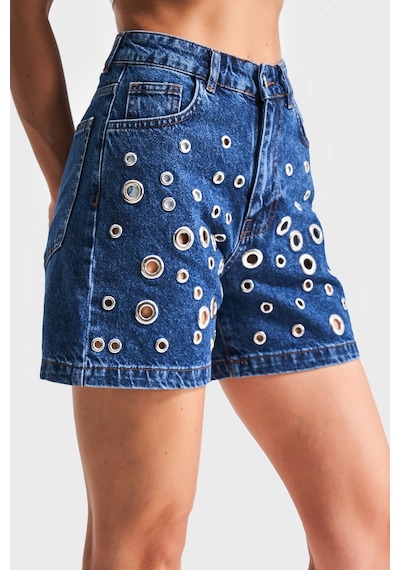 it's basic Kadın Mavi Renk 1s5-5 Kuş Gözü Detaylı Midi Boy %100 Koton Mom Fit Tasarım Denim Şort