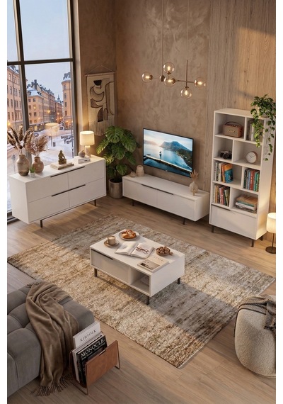 Ocean Tv Ünitesi Orta Sehpa Konsol Kitaplık 4'lü Set Beyaz On21-w